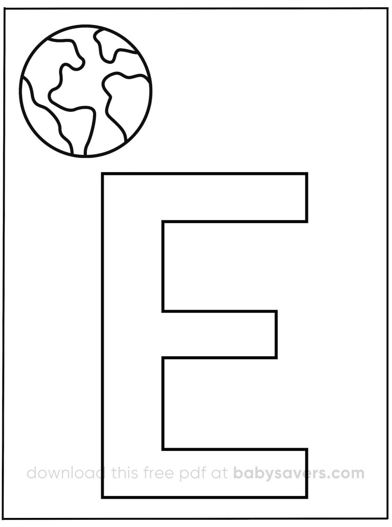 A black and white alphabet coloring page showcases a large, bold letter "E" at its center. In the top left corner, a simple outline drawing of Earth complements the design.