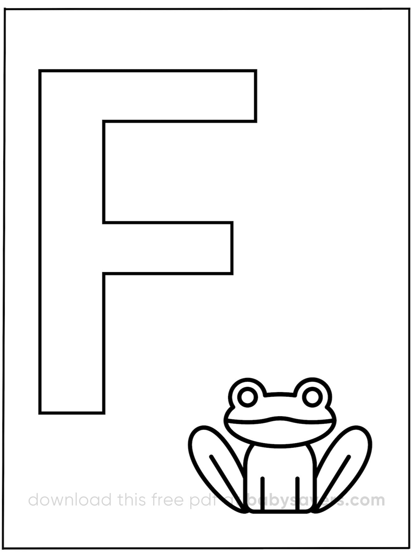 Explore our alphabet coloring pages with this delightful illustration: a large letter "F" accompanied by a cheerful cartoon frog sitting below, ready to jump into your colorful imagination.