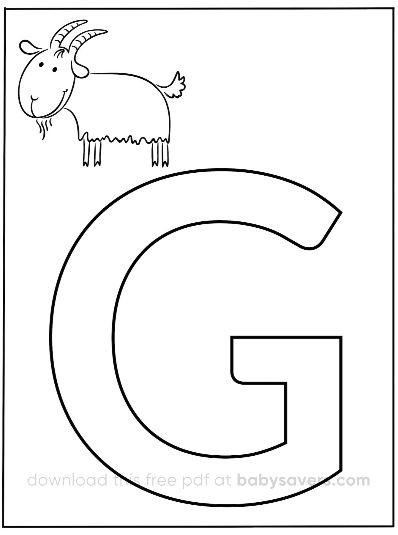 A delightful alphabet coloring page showcases a large letter "G" with a cheerful goat perched on top. The goat boasts small horns and a short tail, making this an engaging addition to any collection of educational and fun coloring activities.