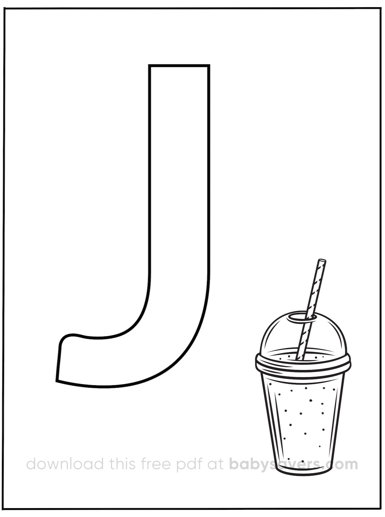 The image features a large letter "J" next to a drawing of a smoothie cup with a straw, reminiscent of fun alphabet coloring pages designed to capture young imaginations.