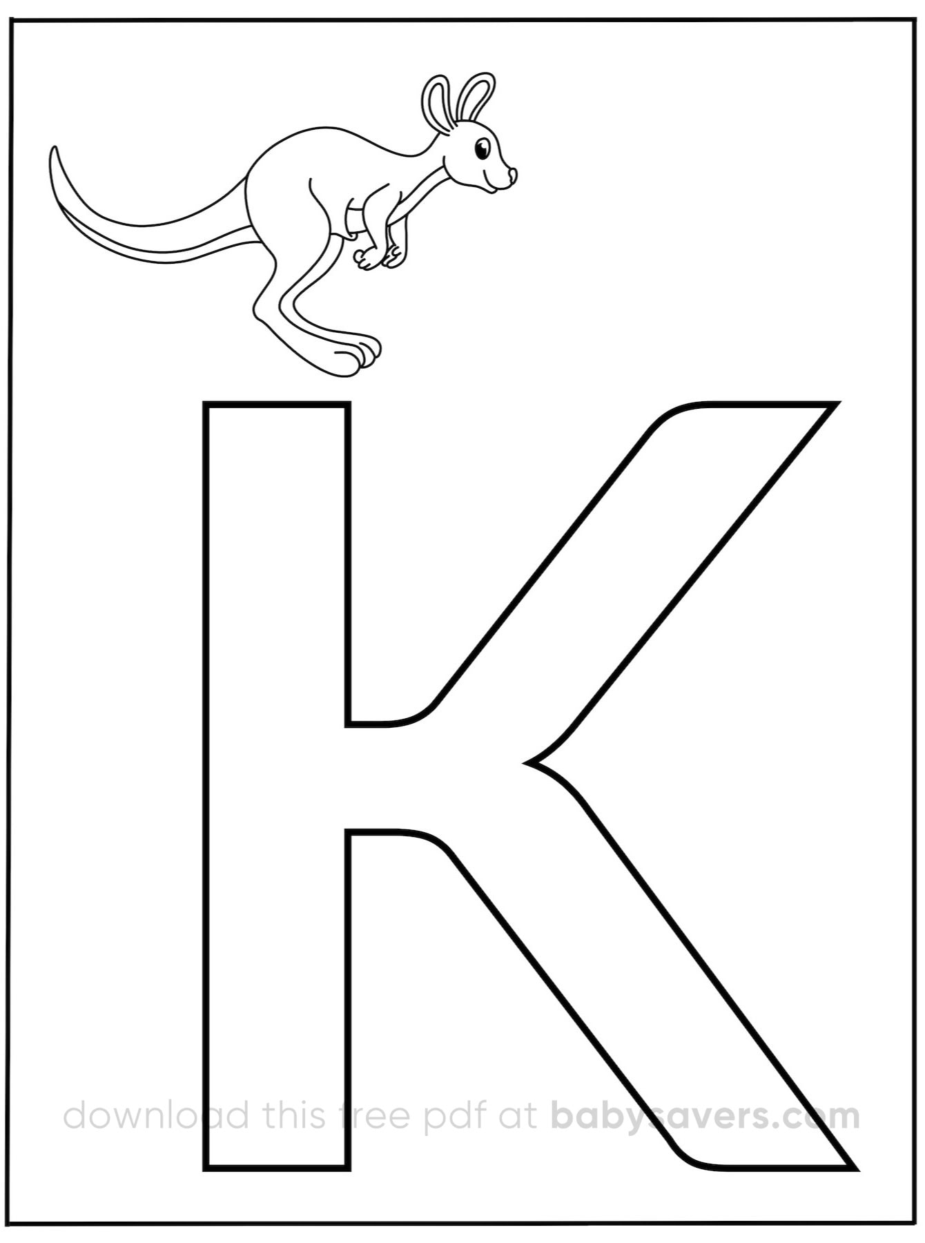 Black and white illustration of a large letter "K" featuring a small outline of a kangaroo perched atop, perfect for alphabet coloring pages enthusiasts.