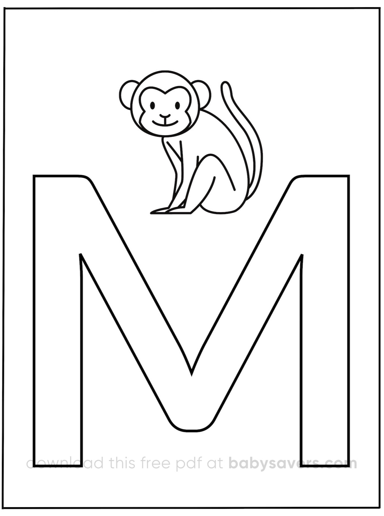 A letter "M" outline, designed for alphabet coloring pages, features a playful cartoon monkey perched on top.