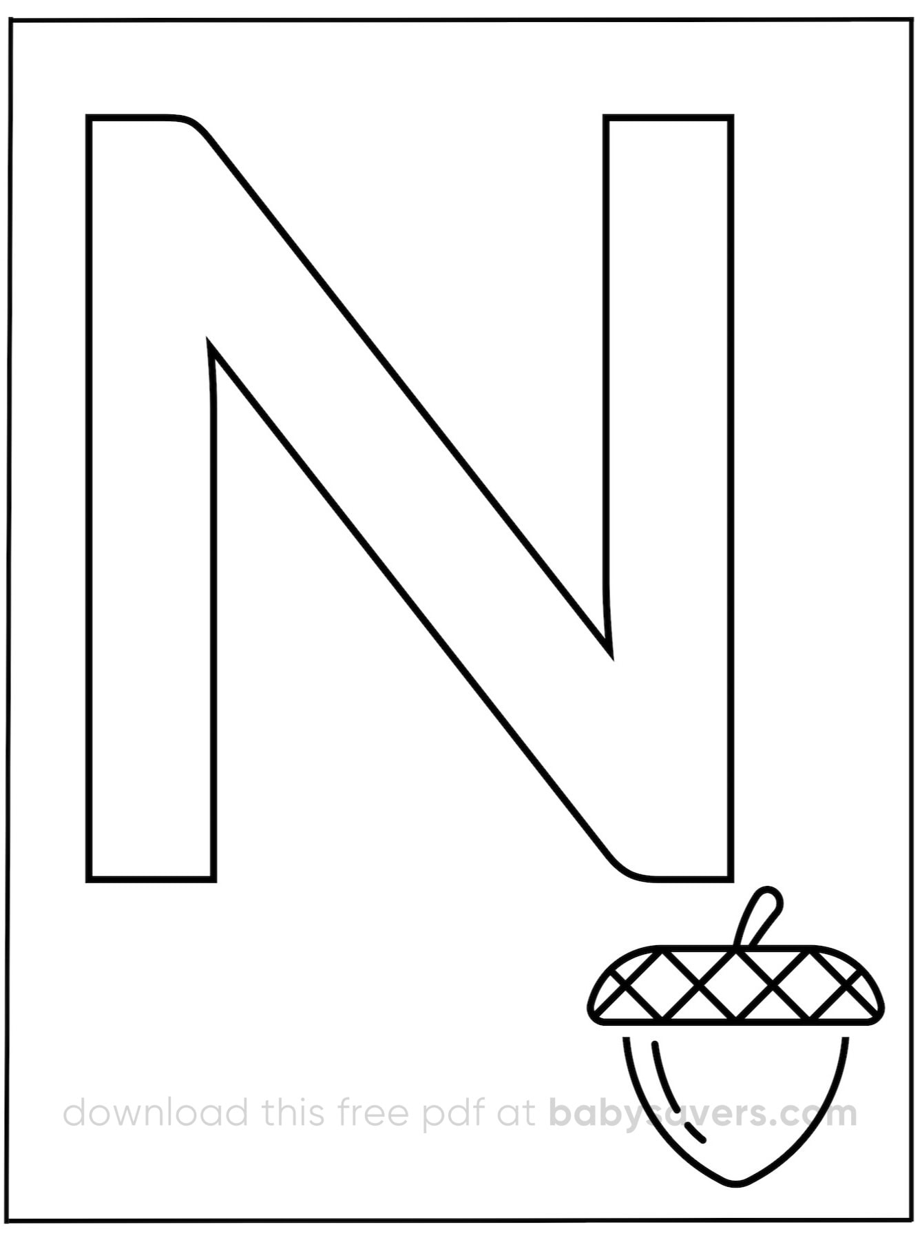 A large, outlined letter "N" featuring a small outlined acorn at the bottom right corner, perfect for alphabet coloring pages. The image boasts a simple black and white design, ideal for creative expression.