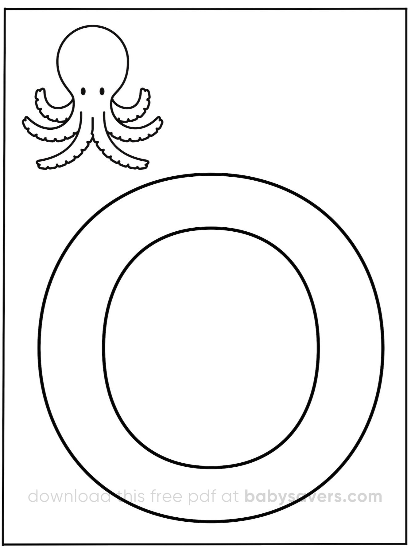 A black and white alphabet coloring page showcases a large letter "O" with a small cartoon octopus perched in the top left corner.