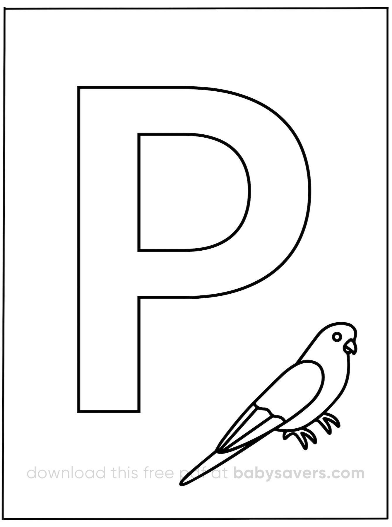 Discover our alphabet coloring pages with a sleek black and white design showcasing a large letter "P" and a charming parrot illustration nestled in the bottom right corner.