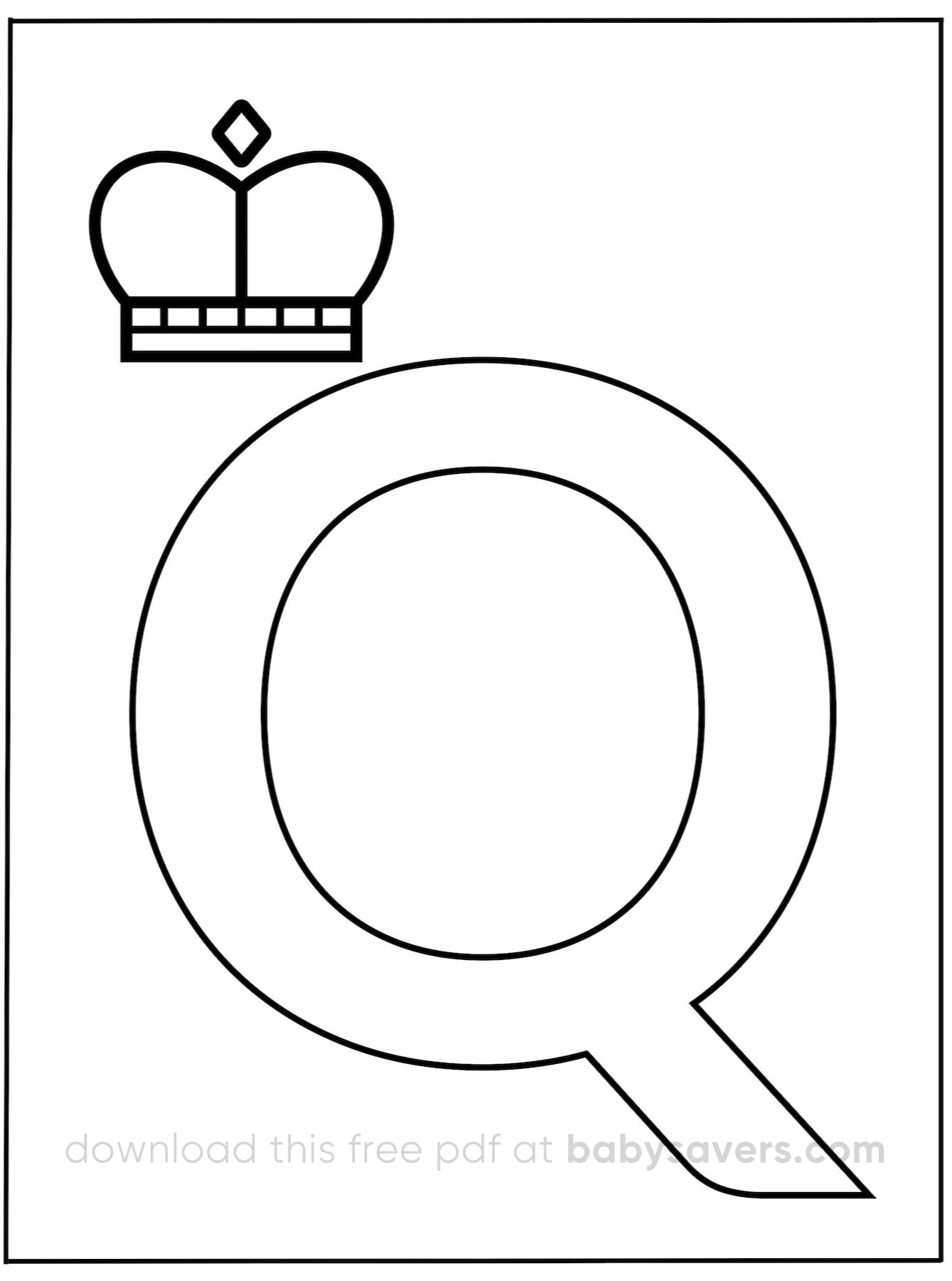 A large outline of the letter "Q" is depicted, with a simple crown design above it, capturing the essence of alphabet coloring pages. The letter and crown are drawn in black on a white background.