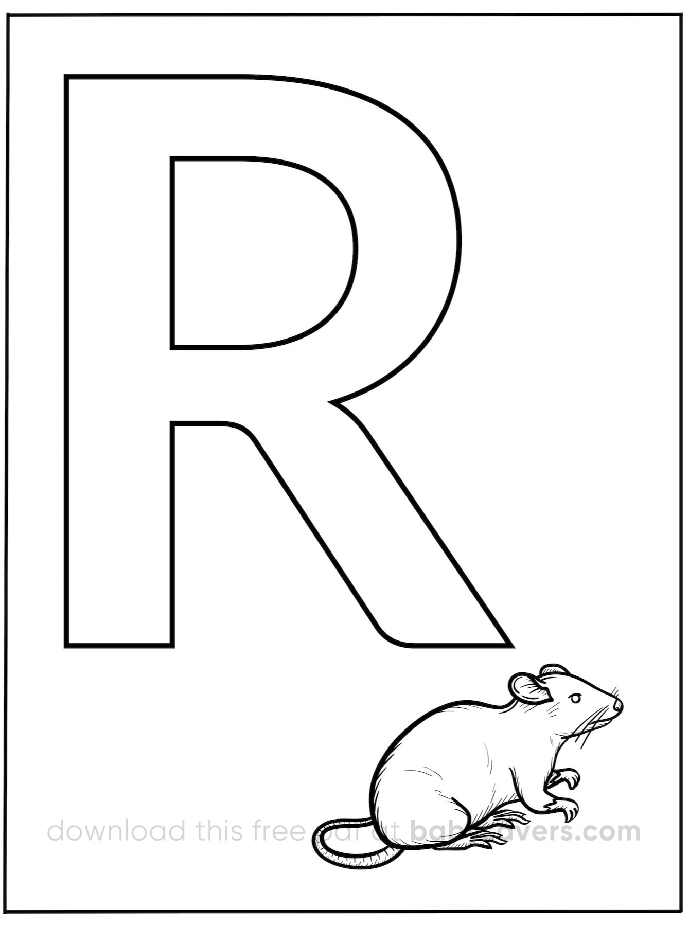 A large, bold letter “R” is centered in the image, perfect for alphabet coloring pages. At the bottom right corner, a small, detailed drawing of a rat adds charm against the plain white background.