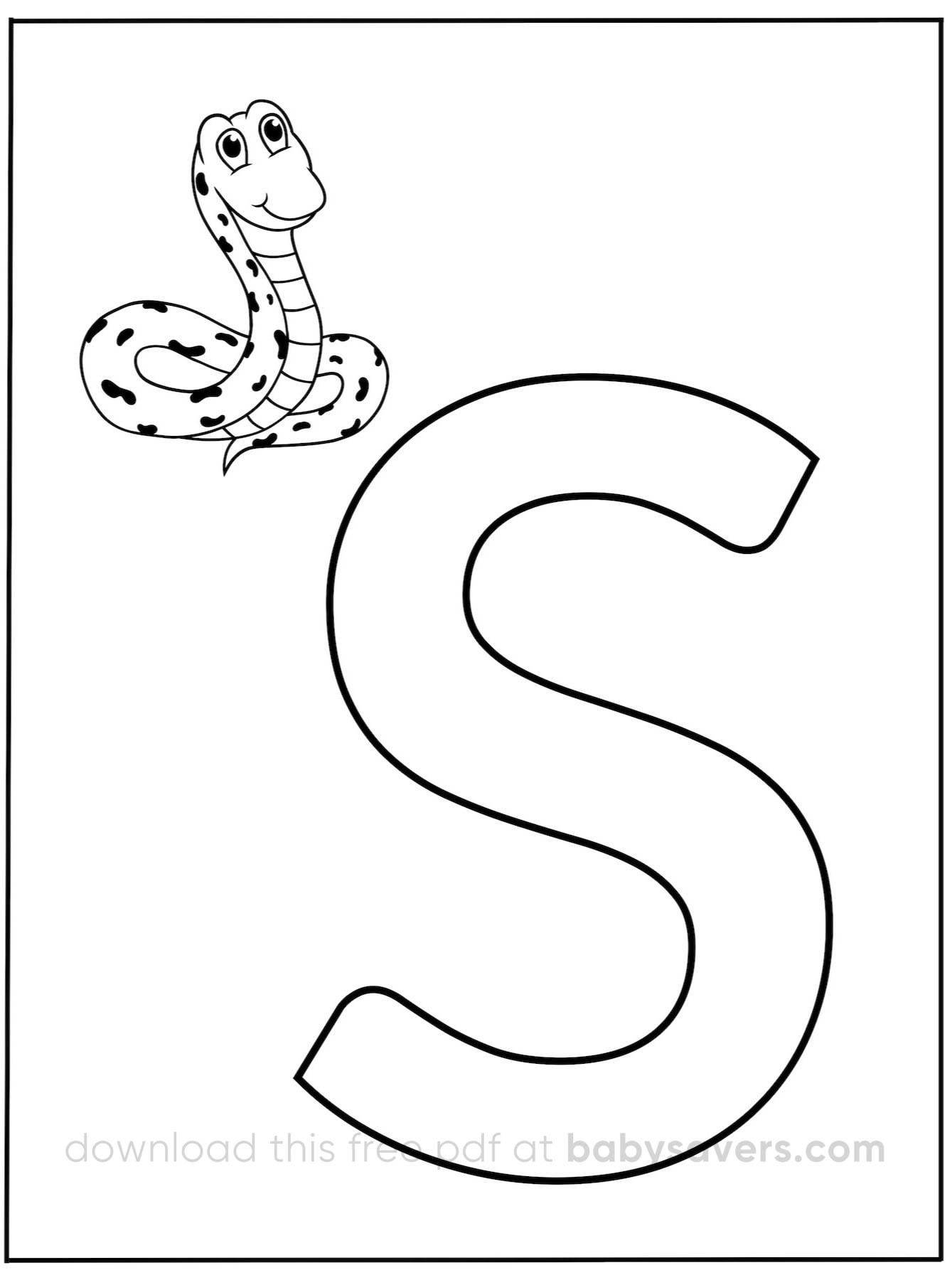This alphabet coloring page features a large letter "S" with a smiling cartoon snake coiled around the top left corner. Designed for educational fun, it's perfect for children learning their ABCs.