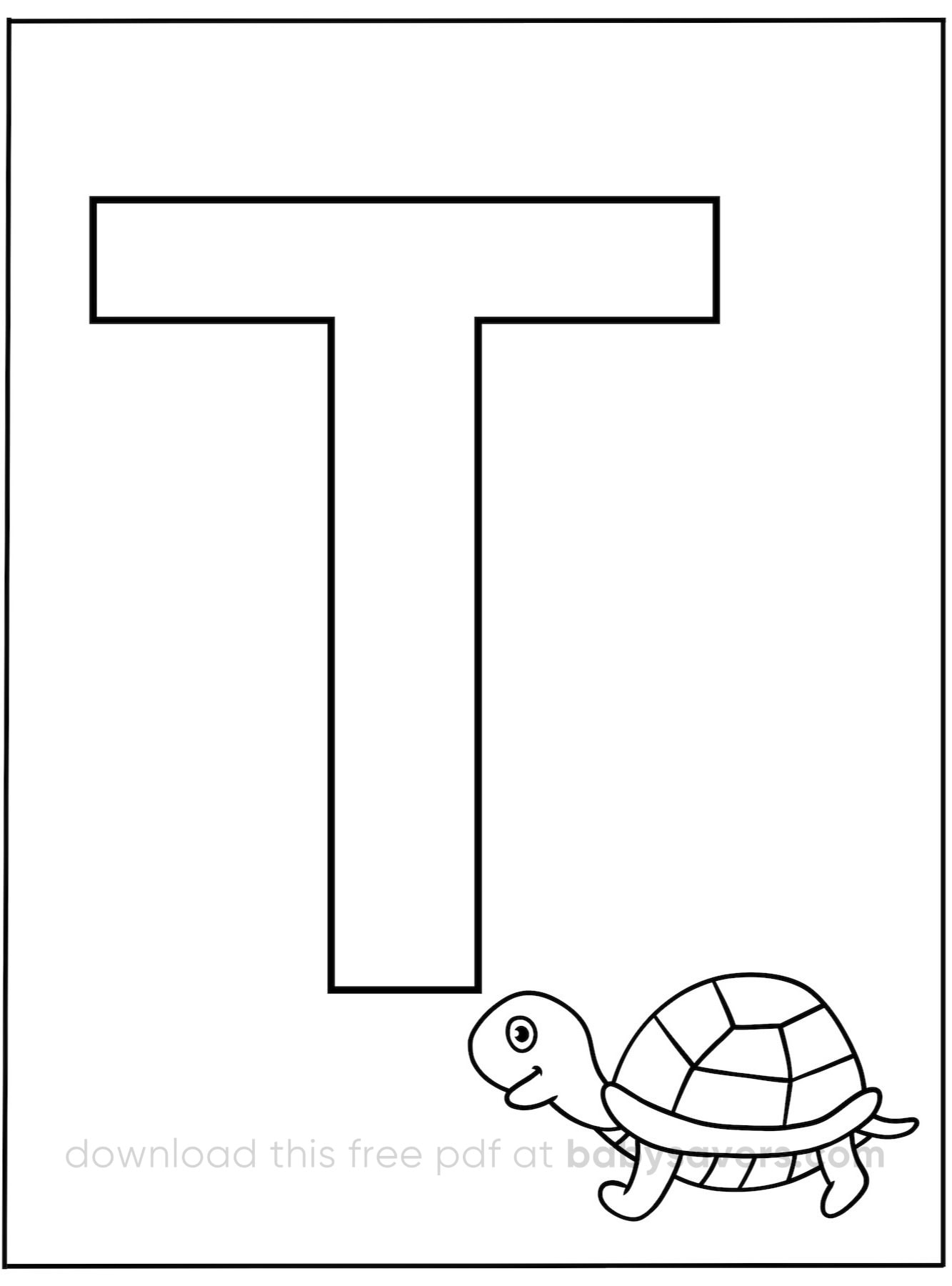 A large, outlined letter "T" in the center with a small, cartoon turtle at the bottom right corner adds charm to this alphabet coloring page. The image features a simplistic, black-and-white design perfect for creative exploration.