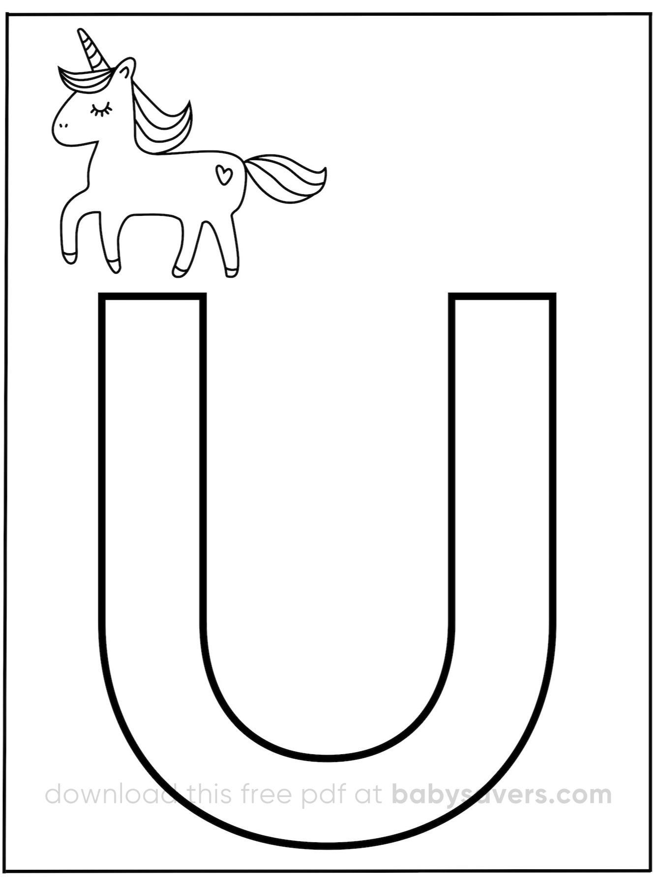 This Alphabet coloring page showcases a large, outlined letter "U" with a small, cute unicorn perched on top. The unicorn boasts a horn, closed eyes, flowing mane, and a heart adorning its side.