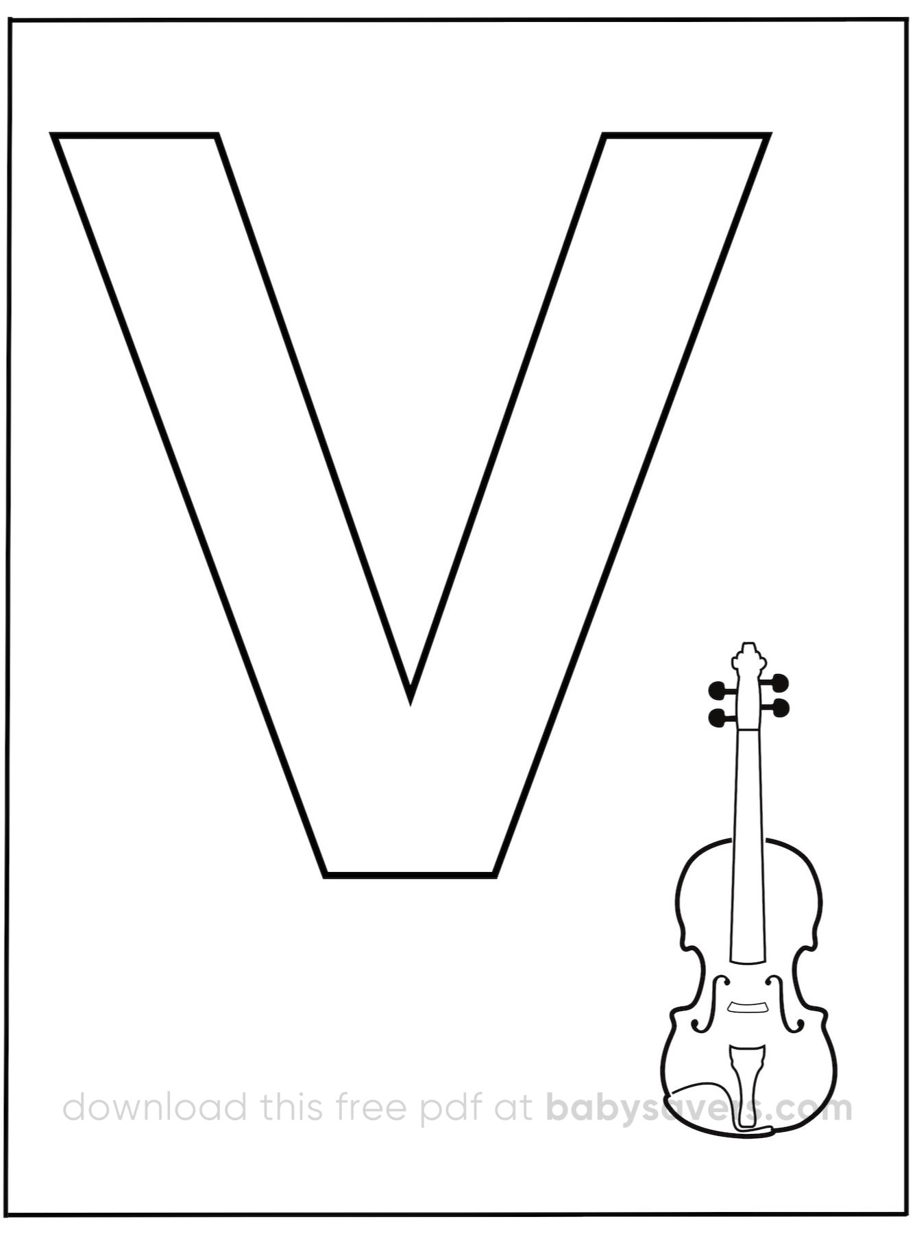 This alphabet coloring page showcases a large outlined letter "V," accompanied by a charming illustration of a violin to its right.