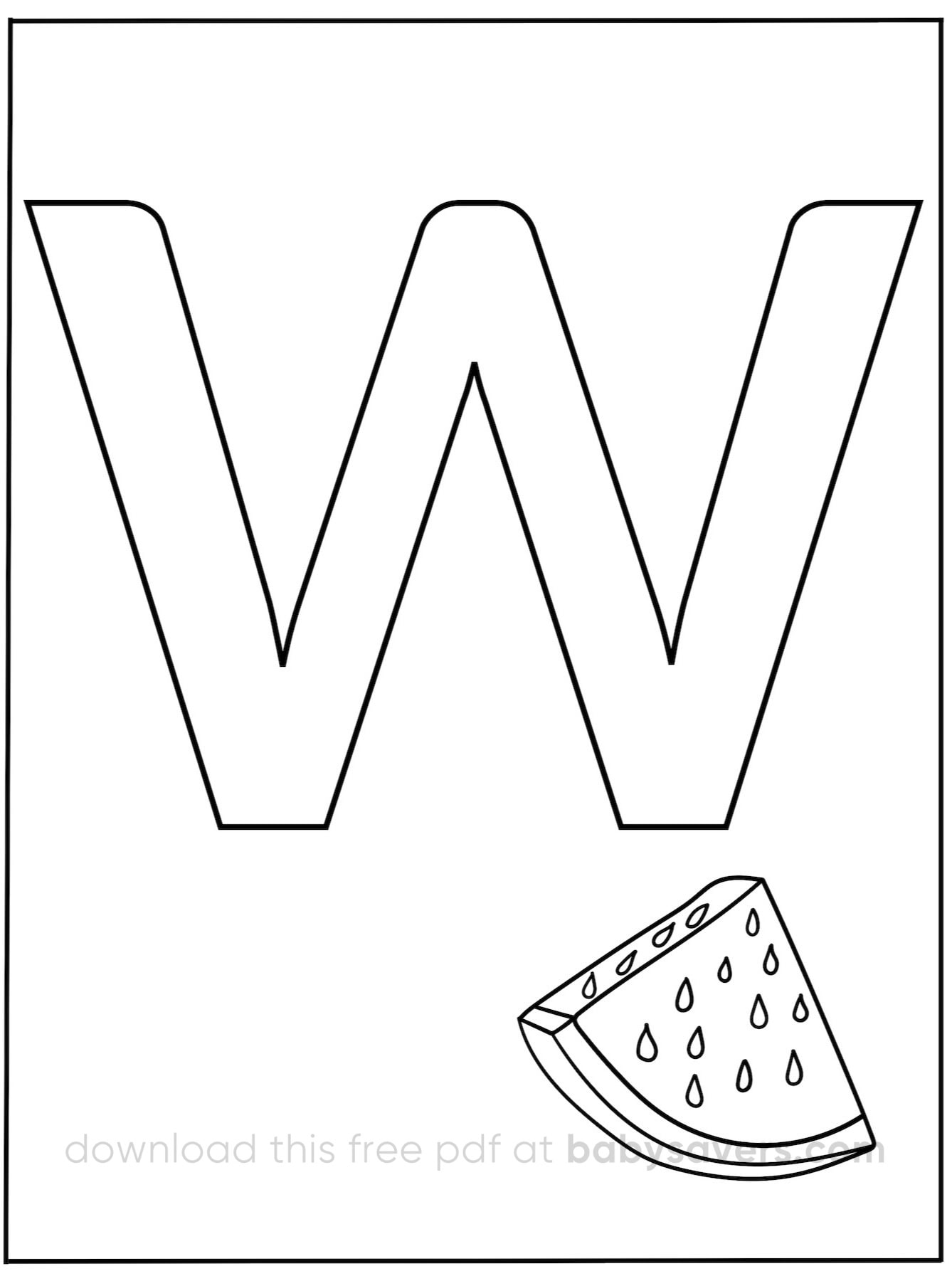 A black and white alphabet coloring page showcases a large letter "W" with a small slice of watermelon, seeds included, nestled in the bottom right corner.