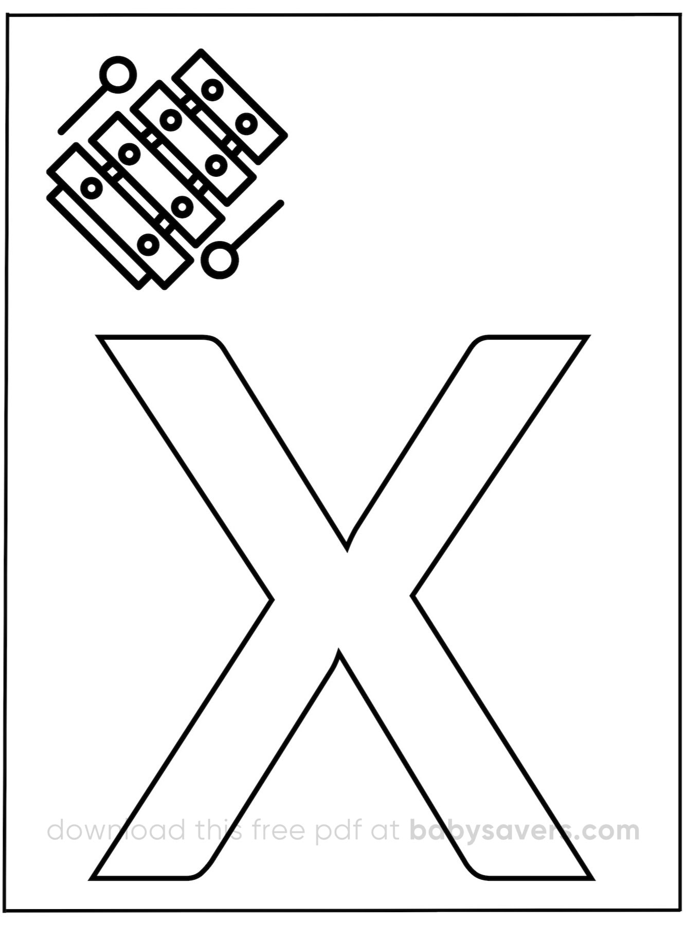An outlined letter "X" on alphabet coloring pages features a small, detailed xylophone illustration in the top left corner. The xylophone consists of five bars and two mallets.