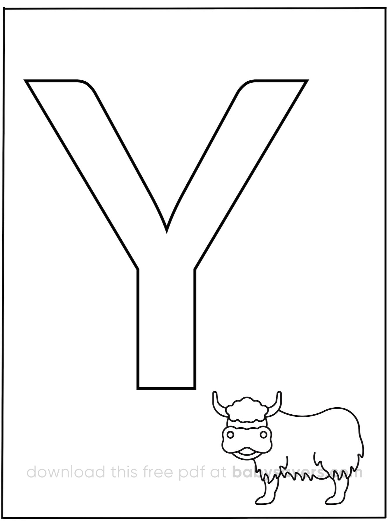 A delightful addition to alphabet coloring pages, this illustration showcases a large letter "Y" accompanied by a whimsical outline of a yak at the bottom.
