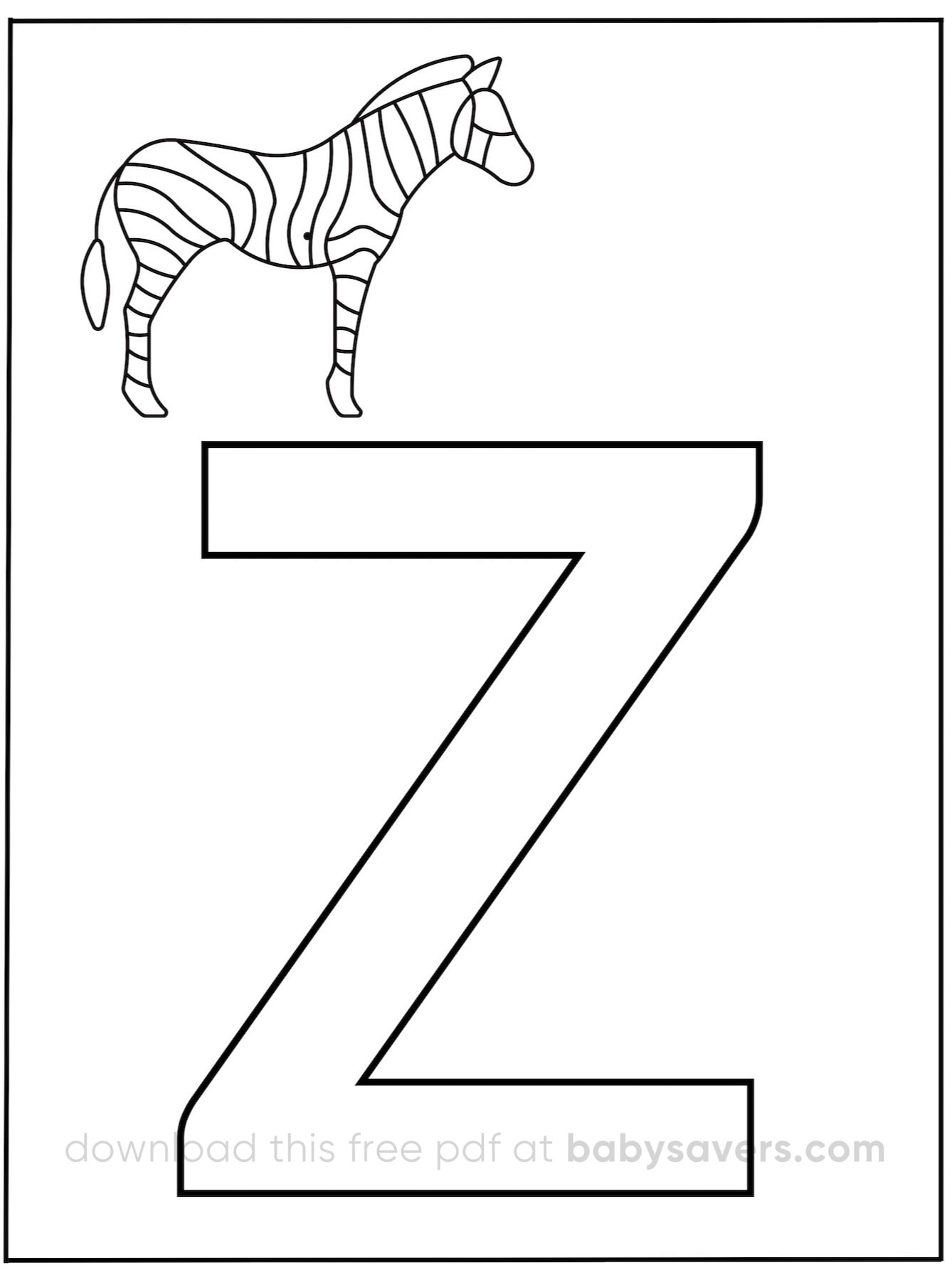 A zebra illustration is placed above a large, outlined letter "Z" on a plain background, creating an engaging centerpiece for alphabet coloring pages.