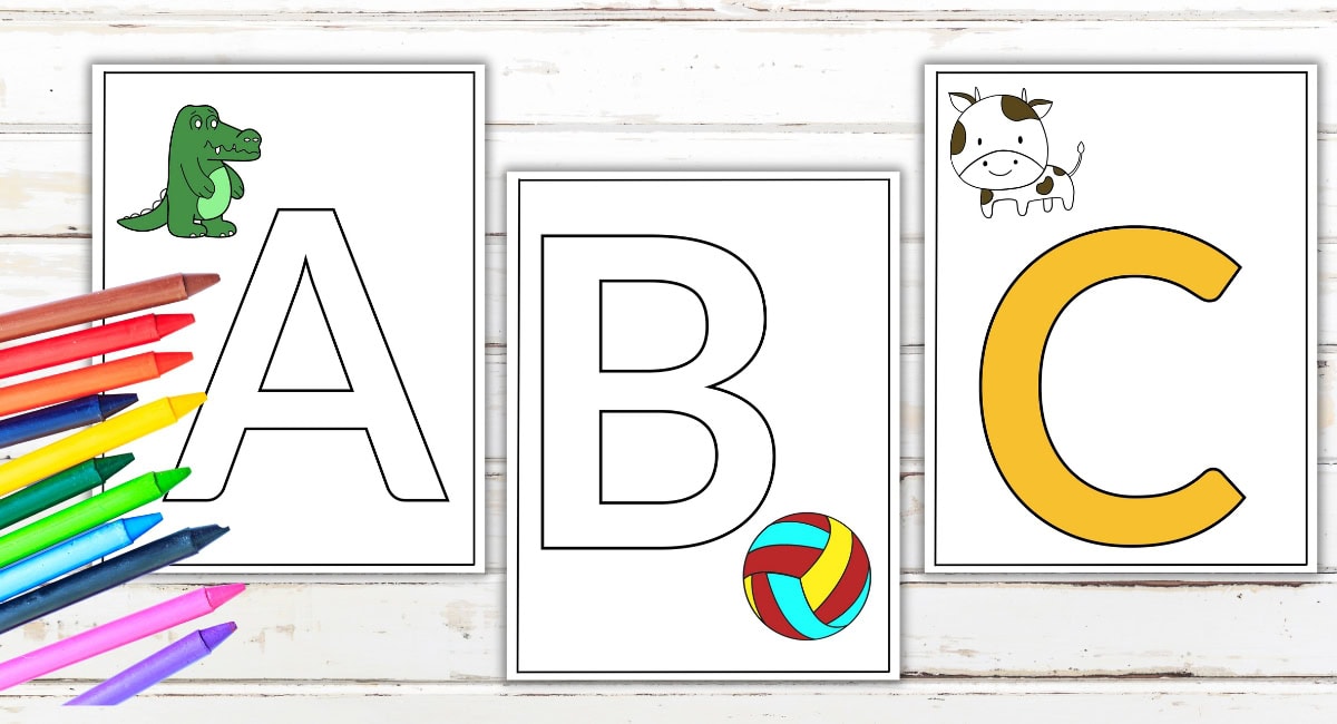 Free Alphabet learning sheets featuring letters A, B, and C with delightful pictures: an alligator for A, a beach ball for B, and a cow for C. On the left sit colorful pencils, perfect companions to transform these cards into interactive free printable alphabet coloring pages.