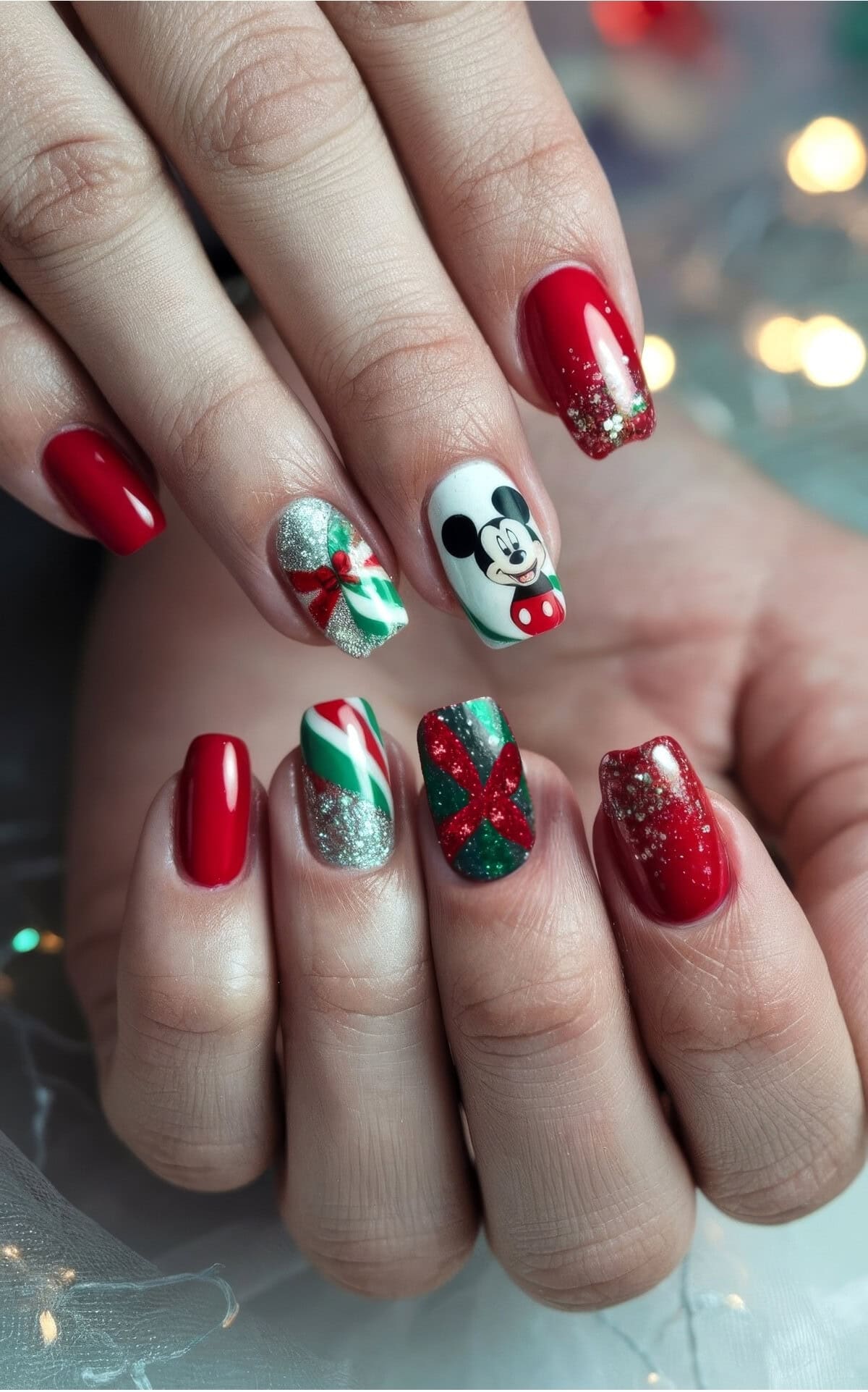 Close-up of festive manicure featuring red nails with glitter and designs. Two nails showcase Disney Christmas patterns: a green and red gift bow, and a cartoon character with a Santa hat. The look is bright and holiday-inspired.