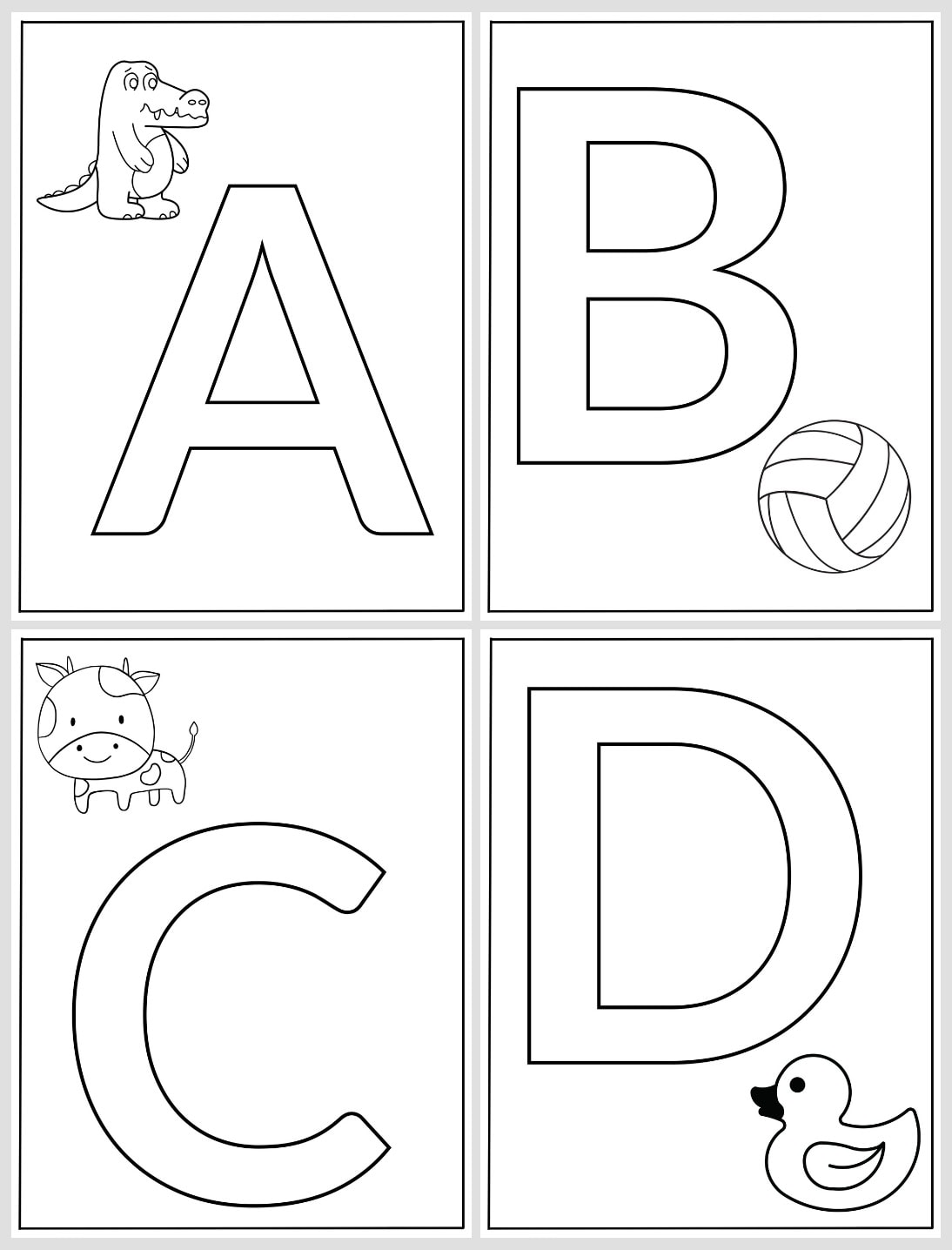 Four large, outlined letters A, B, C, and D are shown like engaging alphabet coloring page. A cartoon alligator is near A, a volleyball near B, a cow near C, and a duck near D. Each letter is matched with a playful image to inspire preschool and kindergarten creativity.