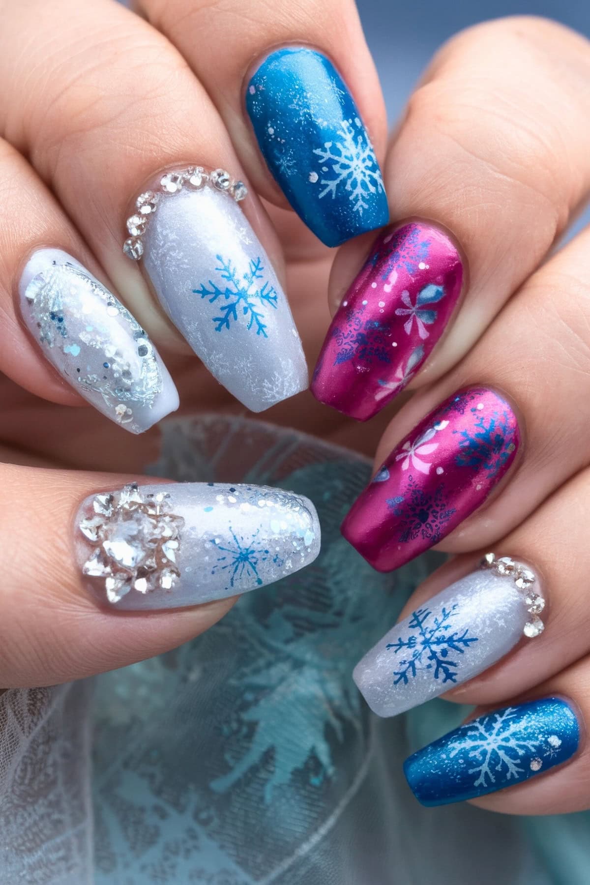 Close-up of hands displaying festive Disney Christmas nail art with an Anna, Elsa, Frozen design. The nails feature blue, silver, and pink colors adorned with snowflake designs and rhinestone accents, capturing a sparkling, wintry magic.