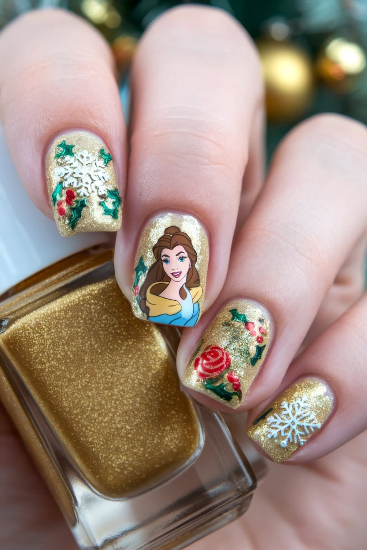 A hand with nails painted in glittery gold polish, showcasing festive Disney Christmas designs like snowflakes and holly. A Disney-inspired Belle from Beauty and the Beast adds charm, while the thumb holds a gold nail polish bottle in a holiday-themed setting.