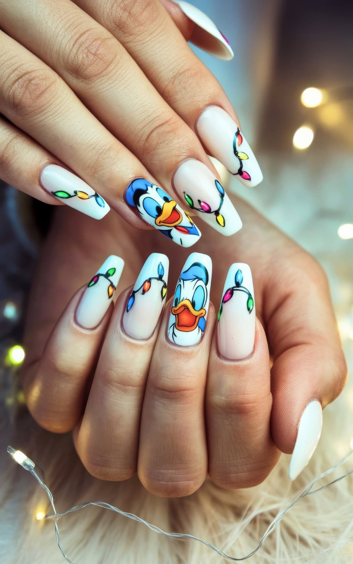 Close-up of hands showcasing Disney Christmas nails with vibrant Donald duck faces and colorful holiday lights on a crisp white polish.