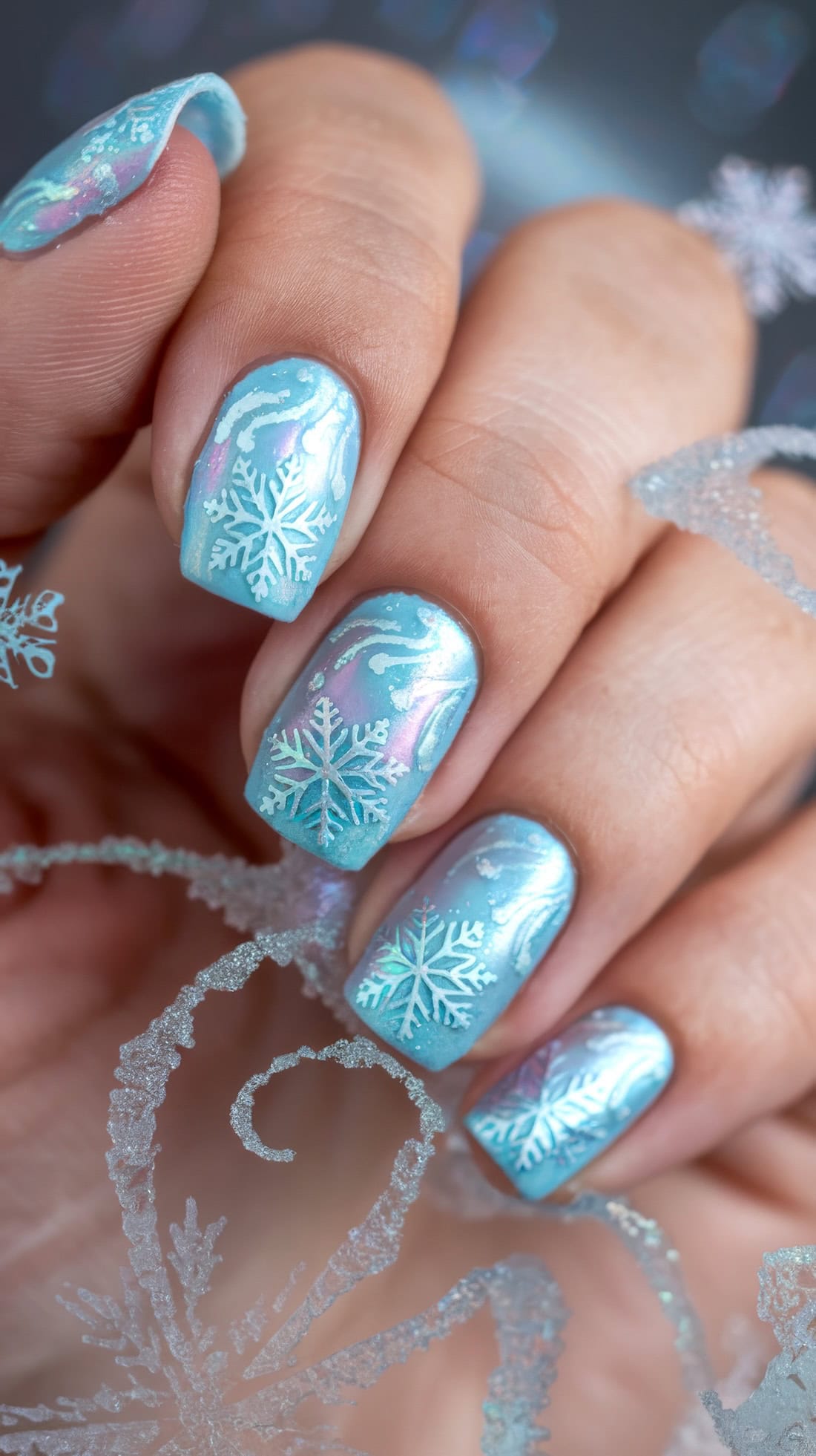 Close-up of a hand with Frozen-themed nail art inspired by Disney Christmas nails. The nails are painted in blue with white snowflake designs and subtle shimmering patterns. Some feature a marbled effect, adding enchanting depth to the icy look.
