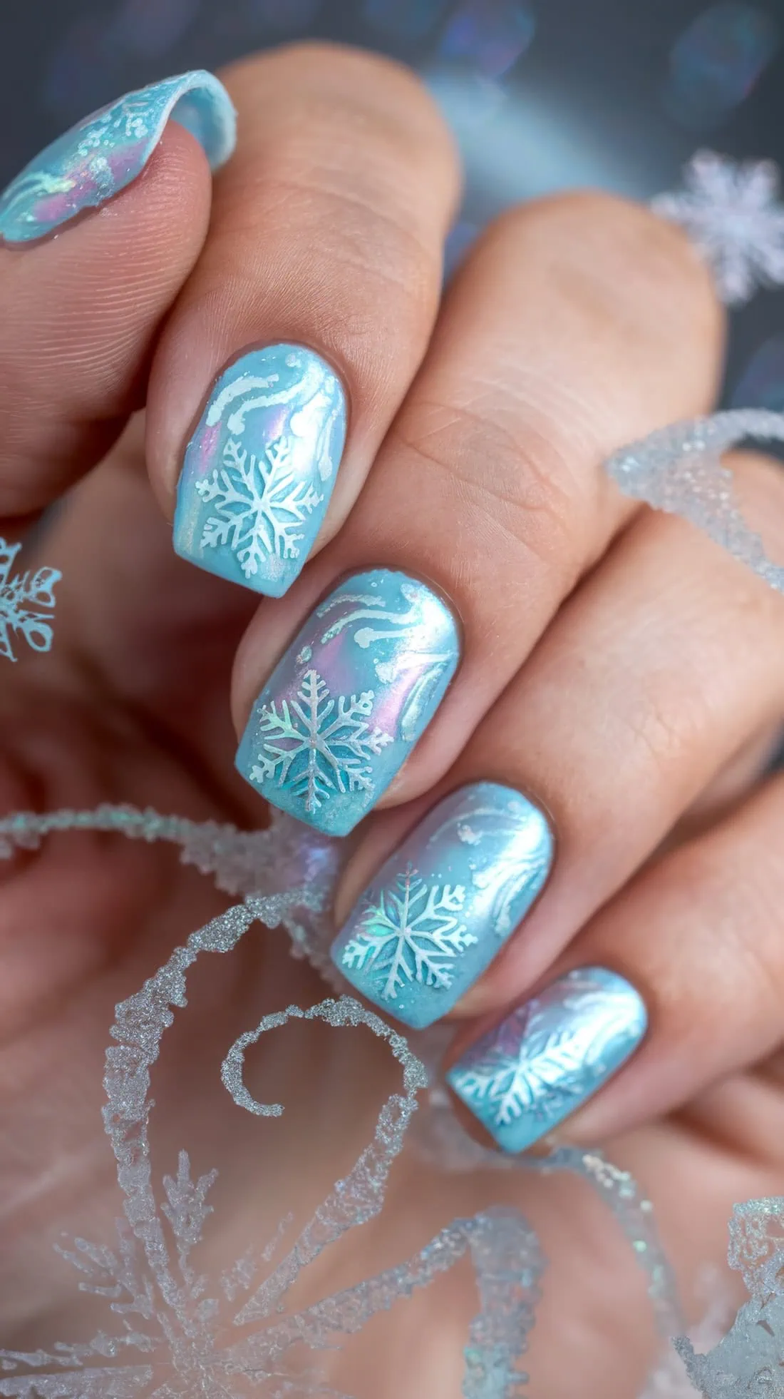 Snowflake stamp on icy blue short nails