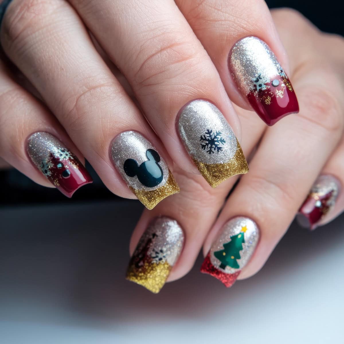 Close-up of festive Disney nail art featuring red and gold tips on a metallic base. Designs include a black Disney mouse silhouette, snowflake, Christmas tree, and reindeer head. Each nail boasts unique holiday-themed decorations perfect for the merry season.