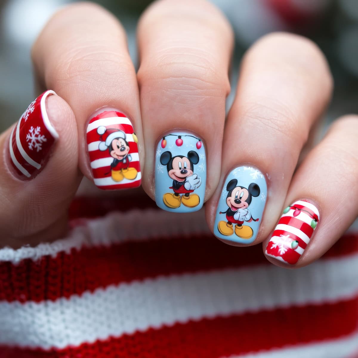 Close-up of a hand with festive nail art featuring Disney Christmas nails, showcasing Mickey Mouse in holiday-themed designs. The nails display red and white stripes, snowflakes, and the cheerful character dressed in seasonal attire.
