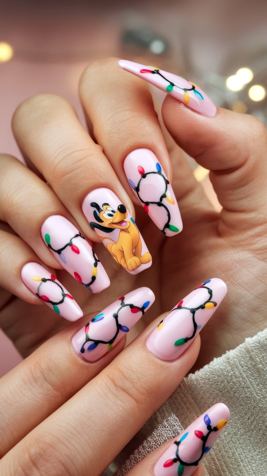 Close-up of a hand with festive Disney Christmas nail art. The nails are painted light pink, featuring colorful Christmas lights and a Pluto dog design on the ring finger. The background has blurred lights, adding a warm, cozy atmosphere.
