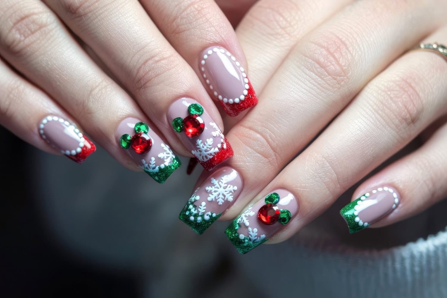 Close-up of hands with Disney Christmas-themed nail art, showcasing red and green French tips adorned with white snowflakes, gemstones shaped like Mickey Mouse ears and small festive decorations, all accented by white dotted borders.