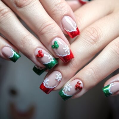A close-up of hands showcasing festive Disney Christmas nails. The design features a French tip in red and green with white snowflakes, red and green bows, and subtle Disney-inspired accents, creating a holiday-themed look.