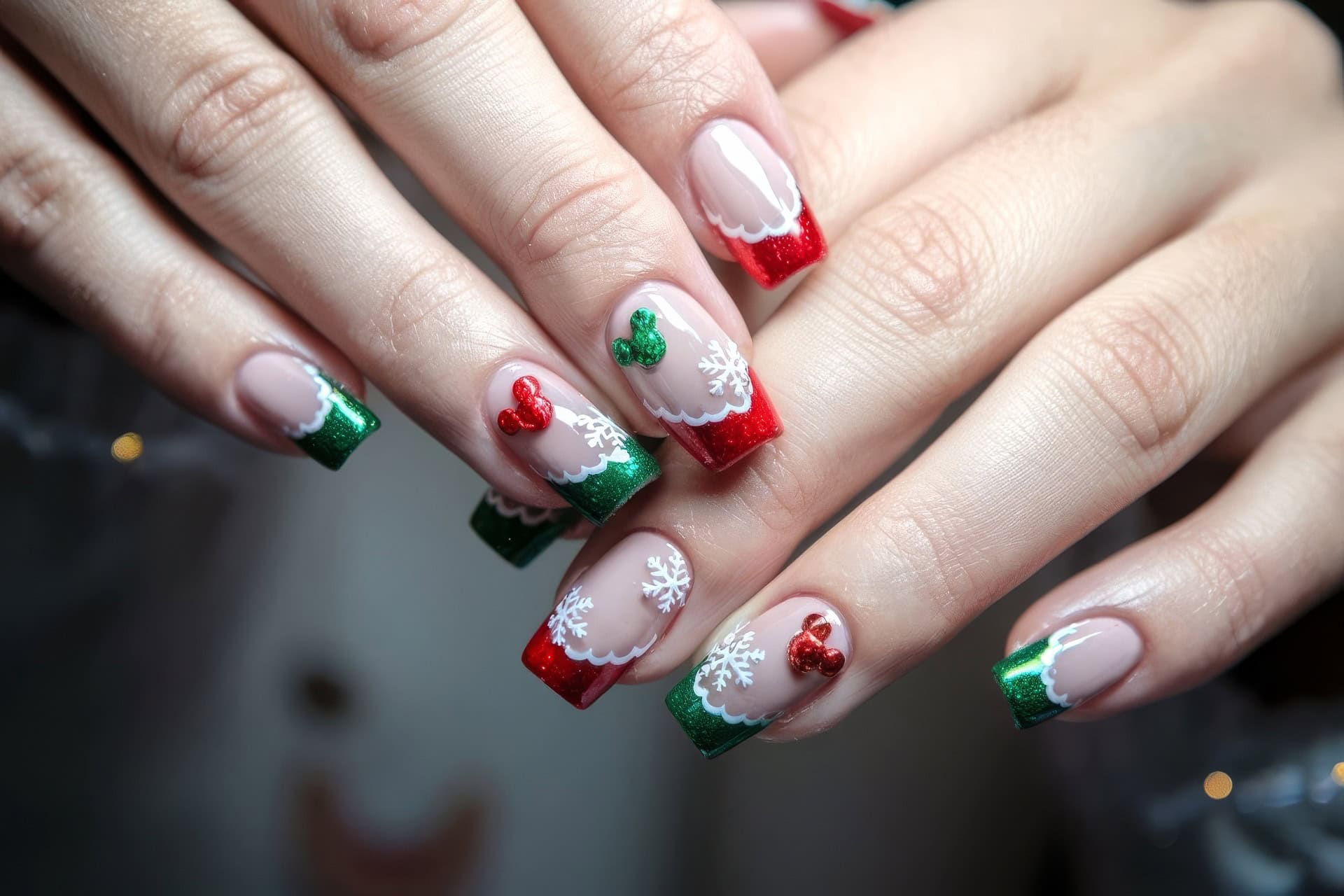 A close-up of hands showcasing festive Disney Christmas nails done in a professional manicure. The nails are long and square. The design features  sparkly Mickey Mouse ears, French tips in red and green with white snowflakes, red and green bows, and subtle Disney-inspired accents, creating a holiday-themed look.
