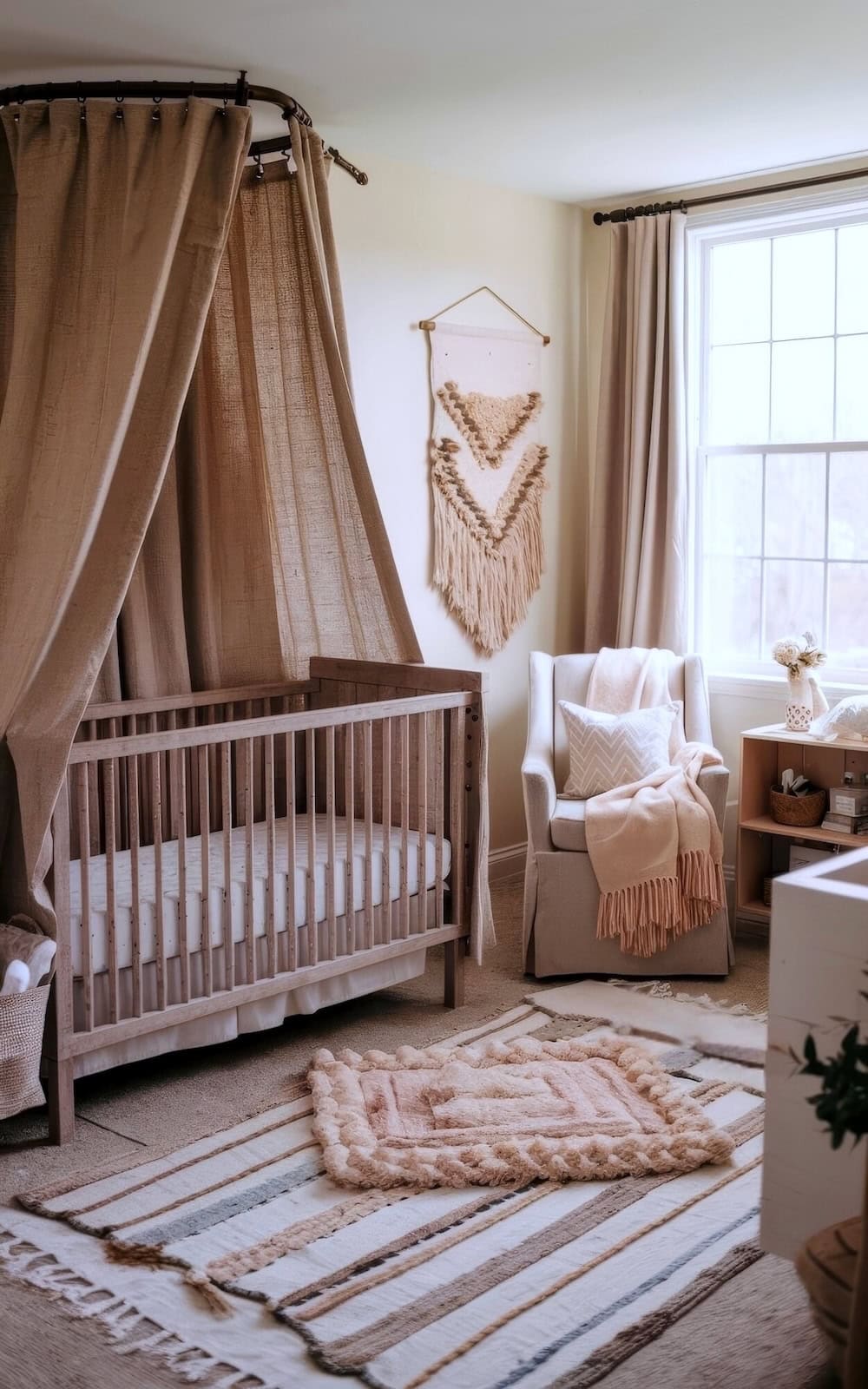 A cozy bedroom decorated in farmhouse nursery decor features a wooden crib with brown curtains, a white armchair with pillows, and a beige and white rug. A macrame wall hanging decorates the wall, while natural light streams in through a large window, creating a warm atmosphere.