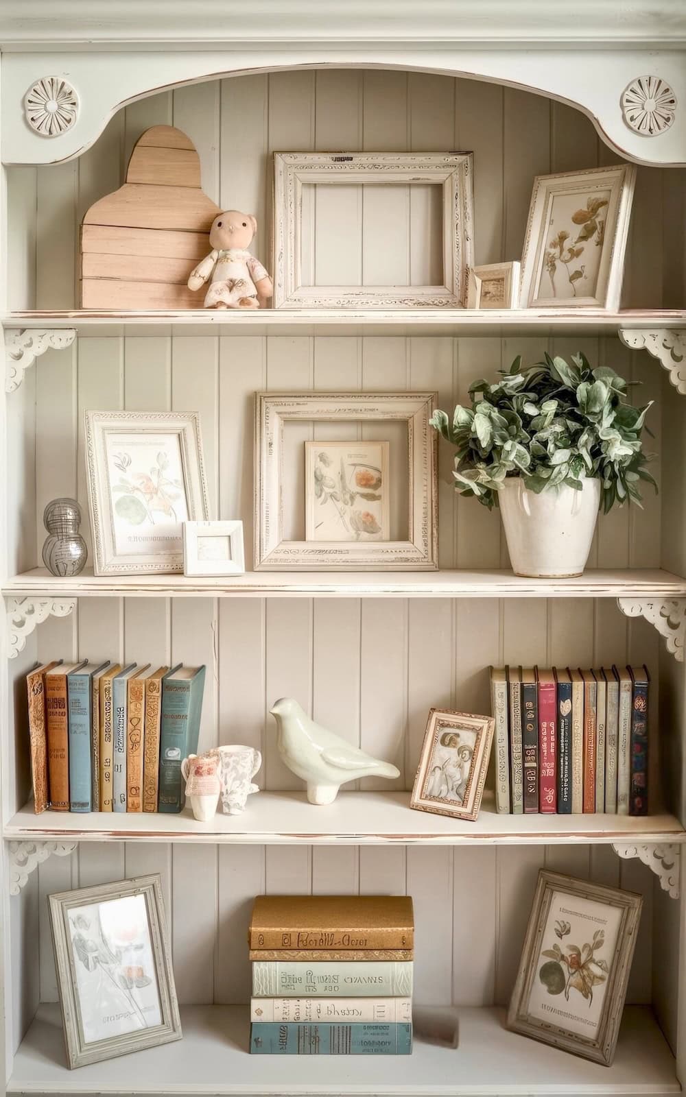 A vintage-style bookshelf boasts farmhouse nursery decor: empty distressed frames, a plush doll, a potted plant, classic books, a ceramic bird, and framed botanical prints. The shelf's ornate design and pastel colors create a cozy and charming ambiance perfect for any nursery.