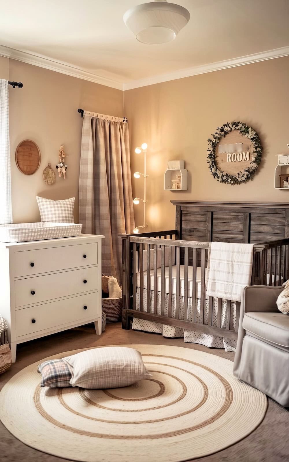 A cozy farmhouse nursery with a crib, a white dresser, and a gray armchair. Neutral tones dominate the room, featuring plaid curtains, a round beige rug, and rustic wall decor with the word "Room." Warm lighting enhances the inviting atmosphere.