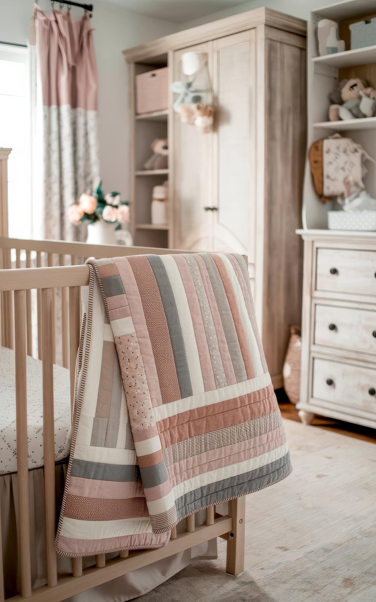 Display of cozy farmhouse nursery decor featureing a wooden crib with a pastel-striped quilt draped over it. The room includes a dresser, a wardrobe, and shelves with toys, all in soft, neutral tones. Soft lighting and a vase of flowers add warmth to the space.