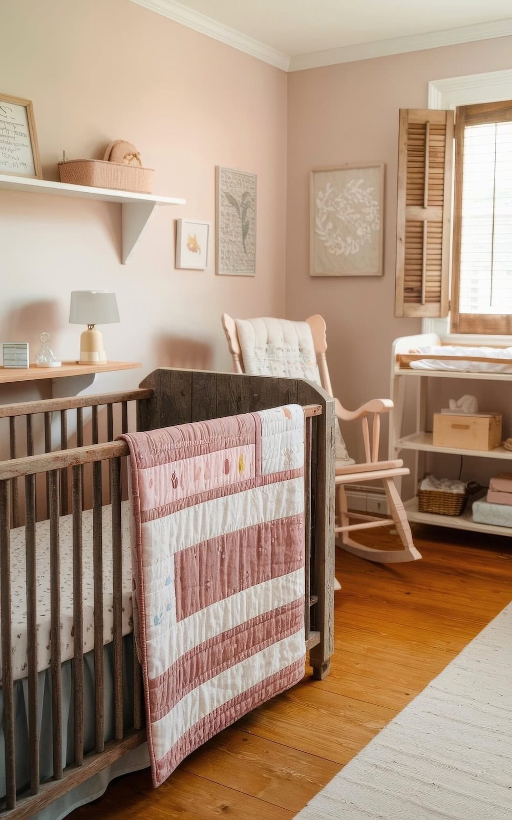 A cozy farmhouse nursery with a weathered wood crib adorned with a pink and white quilt. The room features soft pink walls, a rocking chair, shelves with rustic decor, framed art, and a changing table by a window with wooden shutters. Natural light floods the charming space.