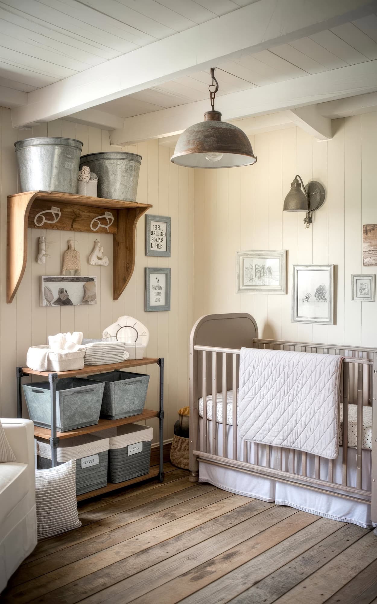 Rustic farmhouse nursery decor features a wooden crib, white bedding, and wall art on light-toned walls. galvanized metal storage bins are on a stand and shelves, while a large pendant light hangs from the ceiling, enhancing the rustic atmosphere.