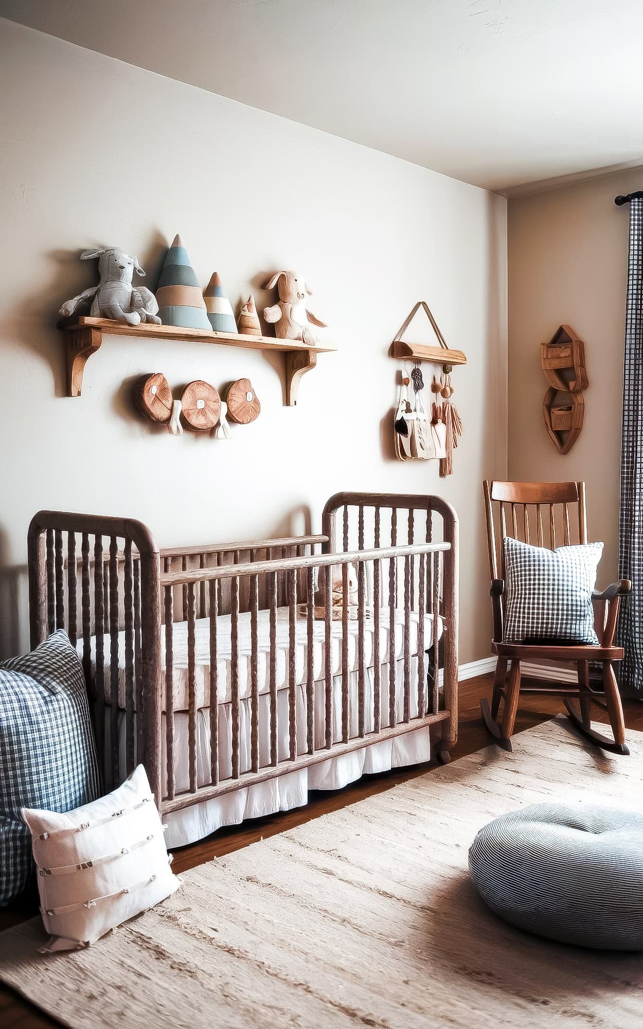 A cozy farmhouse nursery features a wooden crib with a white mattress, surrounded by soft pillows. A farmhouse-inspired rocking chair with cushions sits nearby. Wall shelves display stuffed animals and decor, enhancing the room’s warm, inviting atmosphere.