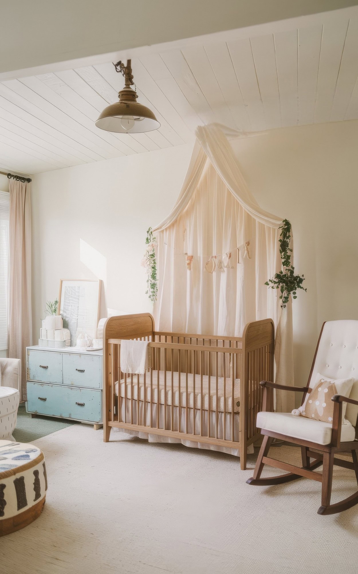 vintage farmhouse nursery decor with a wooden crib draped in a white canopy adorned with greenery and small flags. A rocking chair with a star pillow sits nearby, while a pale blue dresser holds stuffed animals. An overhead light fixture completes the room's warm ambiance.