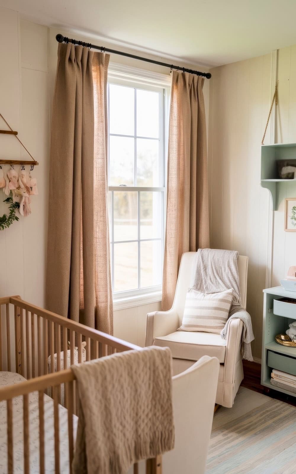A cozy baby bedroom with soft beige curtains framing a window, capturing the essence of farmhouse nursery decor. A white armchair with cushions and a blanket sits next to a light wood crib. A shelf with books and charming decorations is visible in the corner, enhancing the rustic charm.