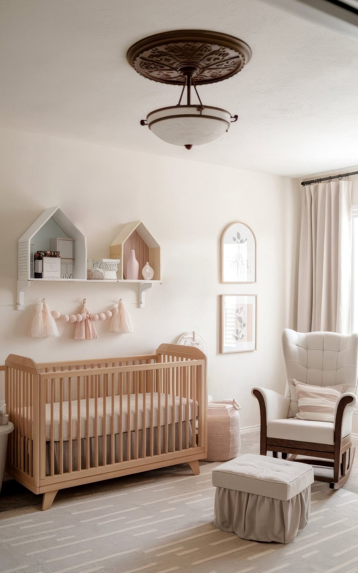 A cozy farmhouse nursery with a wooden crib, shelves adorned with rustic decor, a padded rocking chair, and a matching footstool. The room features soft, neutral tones, tassel garland, framed art, and a charming vintage ceiling light fixture for a serene and welcoming atmosphere.