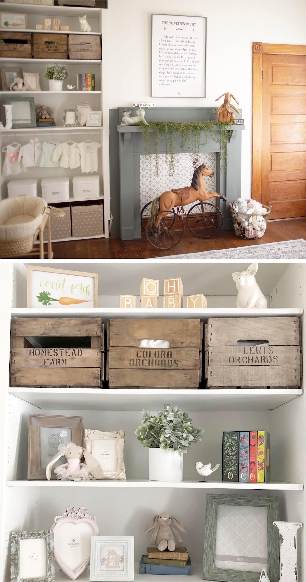 A cozy nursery with a vintage theme and farmhouse nursery decor. The room features a fireplace with a rocking horse, stuffed animals, framed velveteen rabbit art, and shelves filled with books, toys, and decorative wooden crates labeled with farm names. A soft, inviting atmosphere.
