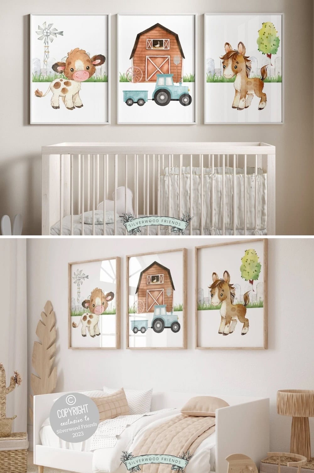 A farmhouse nursery decor theme graces this space, featuring a white crib and bed with rustic accents. Above, three framed prints display watercolor illustrations: a calf, a barn with a truck, and a foal nestled among trees and soft decorations.