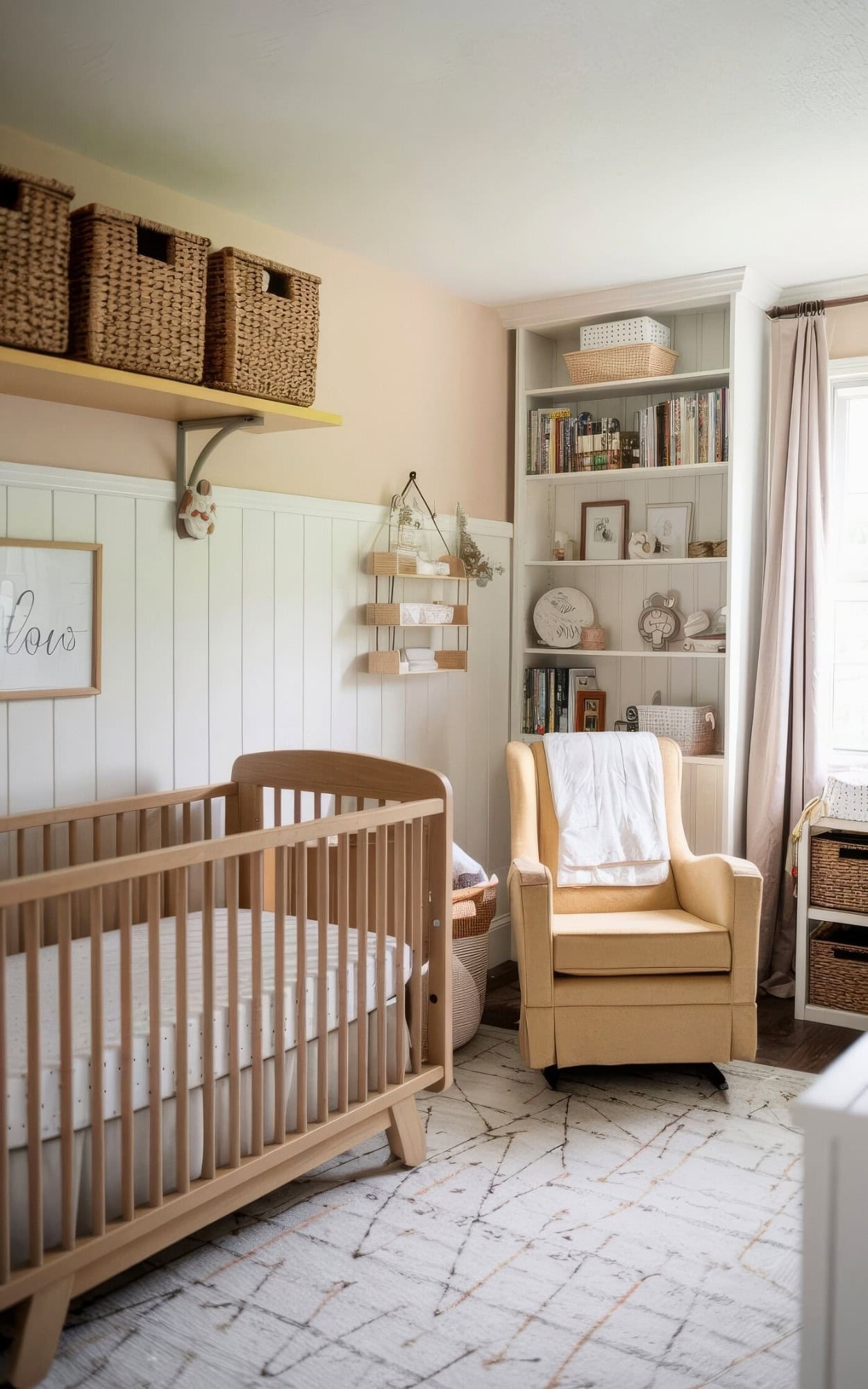 A cozy farmhouse nursery features a wooden crib, a yellow armchair, and a shelf filled with books and decor. Woven baskets are neatly placed on an overhead shelf. Soft natural light enters through a window with light curtains.