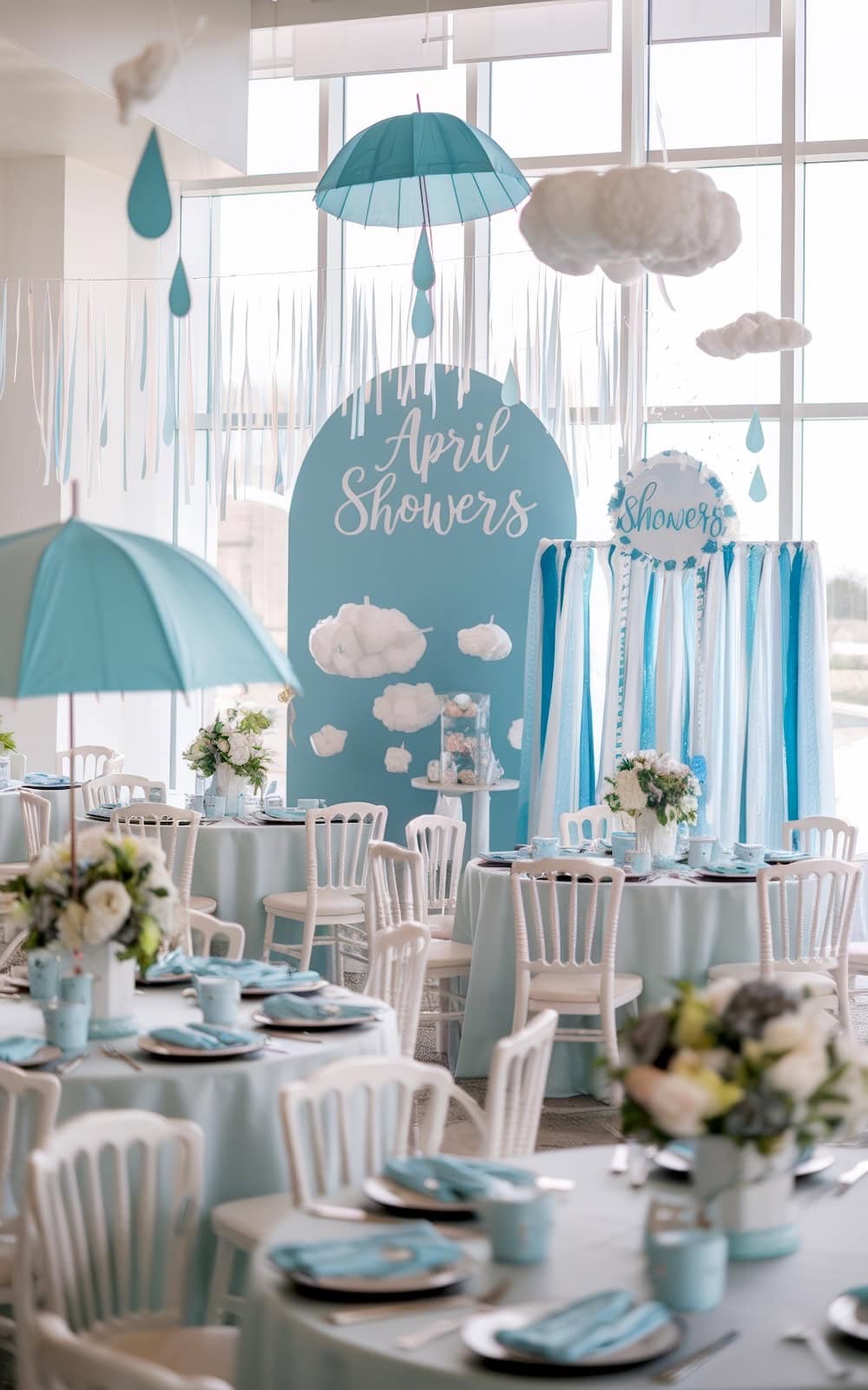 A beautifully decorated party room with an april showers Spring Baby Shower theme. Blue and white decor features umbrellas, raindrop and cloud accents, along with elegant floral centerpieces on tables draped in blue tablecloths and surrounded by white chairs.