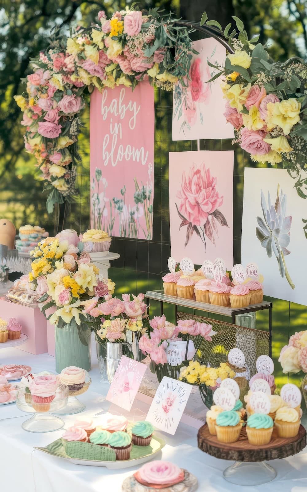 A pastel baby in bloom spring baby shower dessert table embraces spring baby shower themes with floral arrangements, cupcakes with decorative toppers, and "baby in bloom" signs. The setup includes pink and yellow flowers, cake stands, and floral-themed cards, all set outdoors under charming trees.