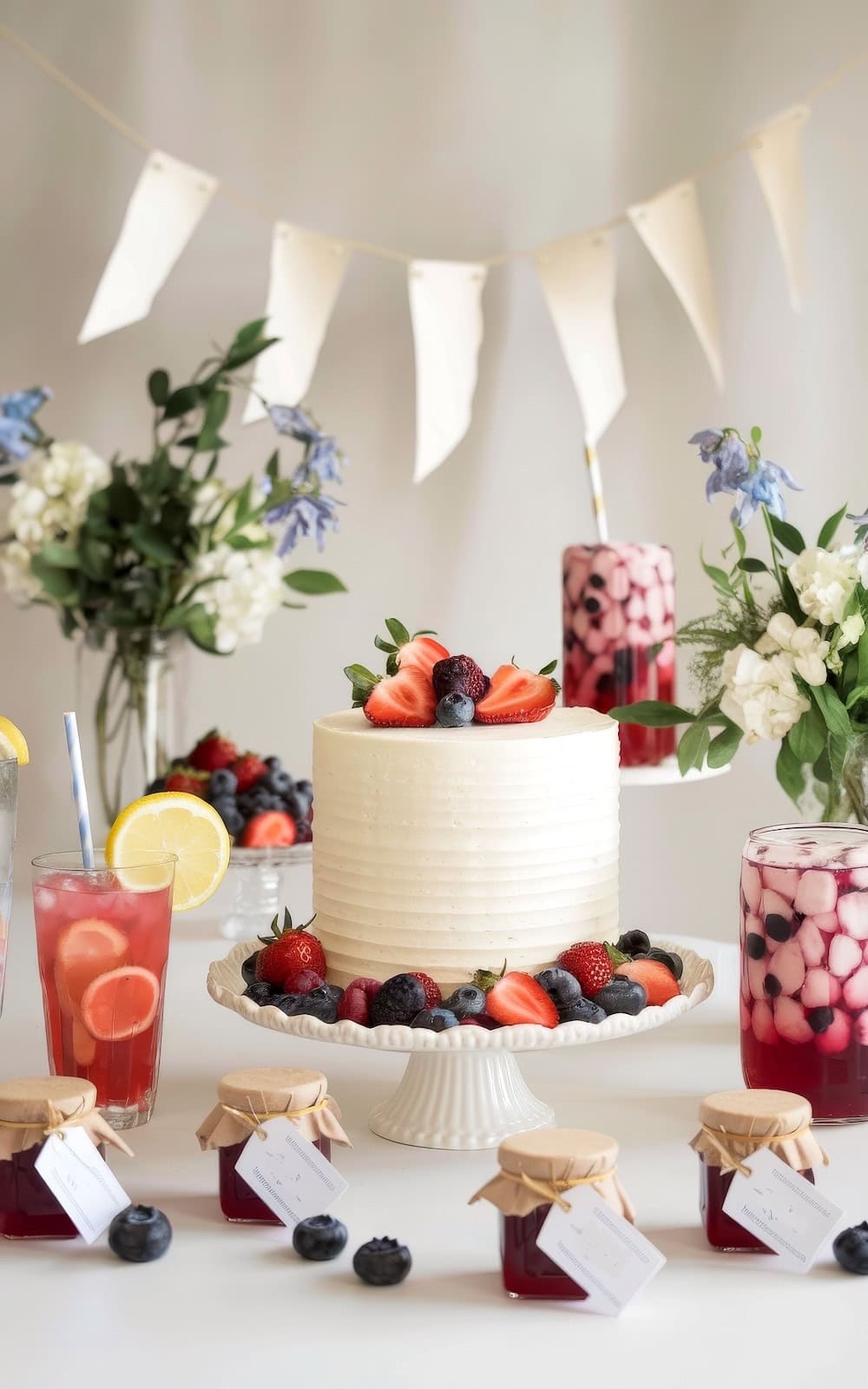 A white cake topped with strawberries and blueberries sits on a stand, perfect for a berry cute spring baby shower themes. It's surrounded by glasses of red and pink drinks garnished with lemon slices, small jars with tags, and festive bunting alongside vases of fresh flowers in the background.