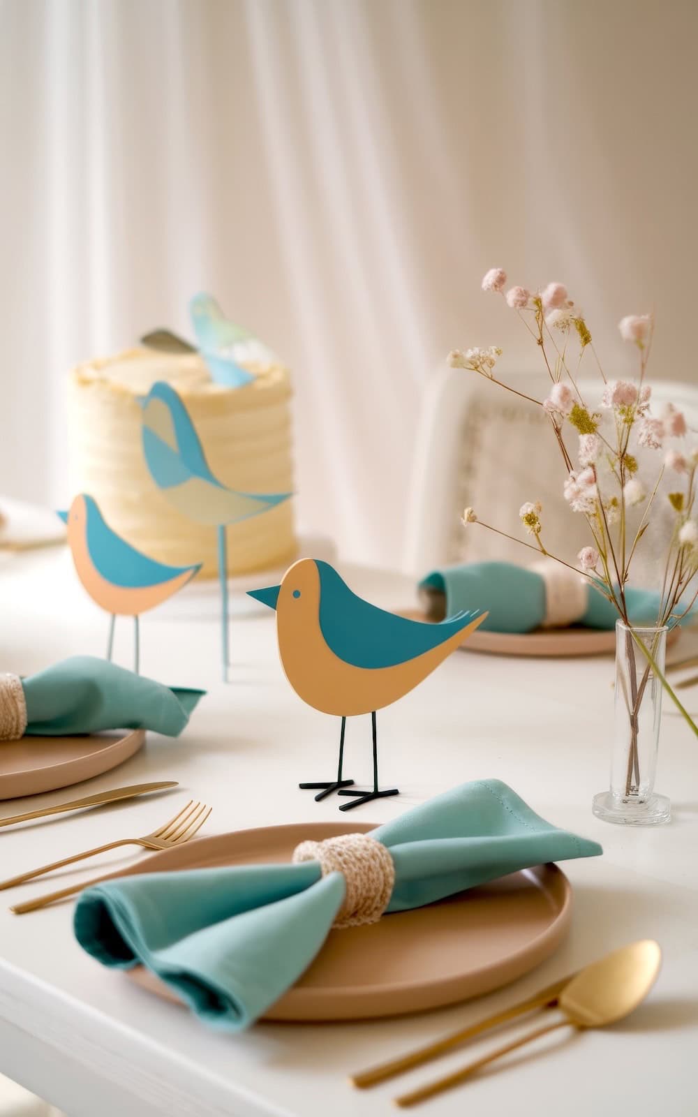 A table set for a meal, embracing spring baby shower themes with pastel plates, blue napkins, and gold cutlery. Bird figurines enhance the decor, while a cake adorned with bird decorations sits in the background. A vase of delicate flowers adds a touch of elegance to the setting.